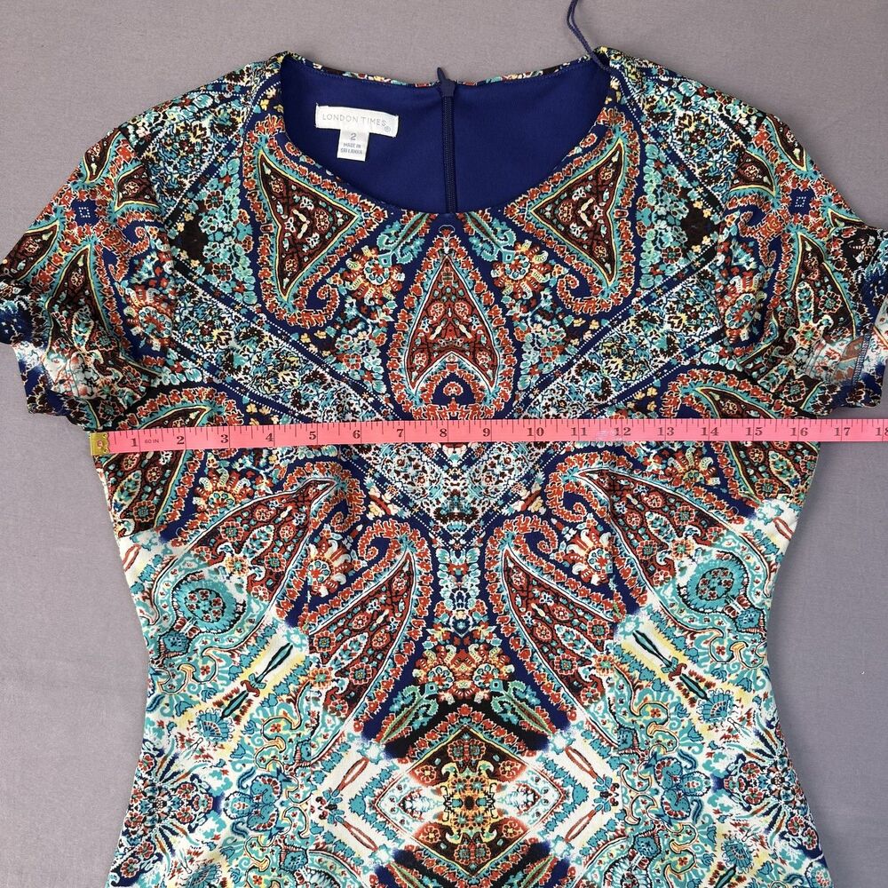London Times Dress Womens 2 Blue Multicolor Paisley Sheath Short Sleeve Lined - Picture 7 of 9